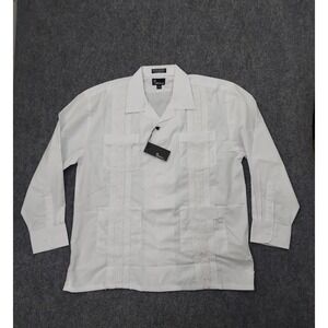 Omega Fashion Guayabera Shirt Mens XL White Embroidered Long Sleeve Wedding